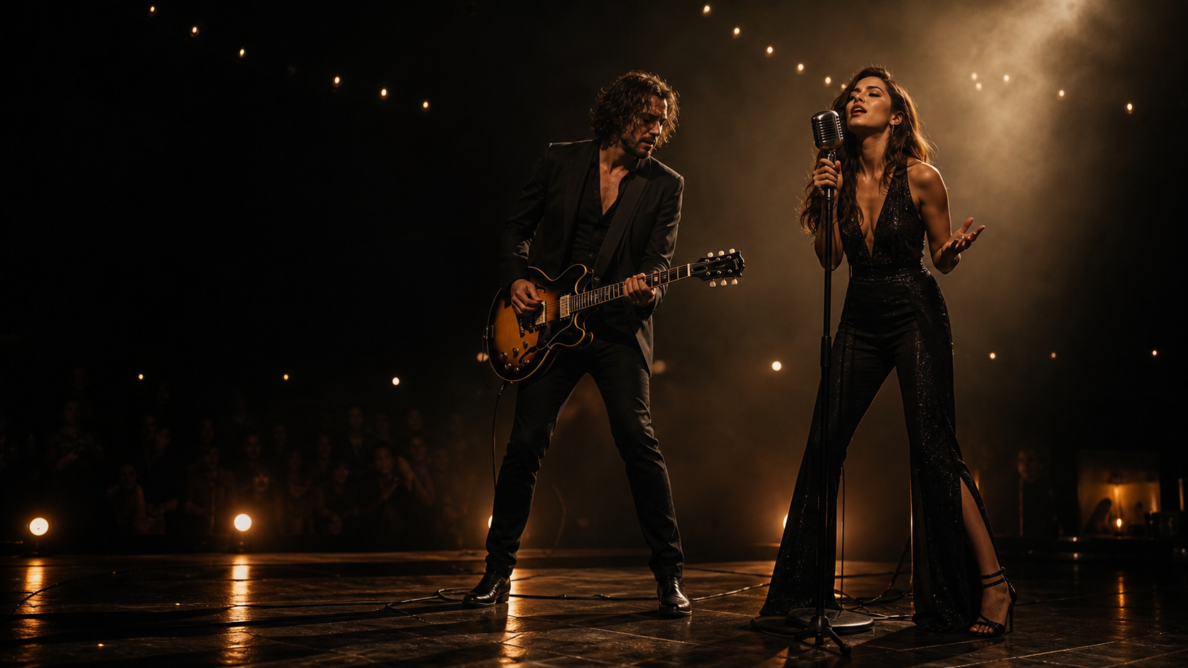 Jenny and Freddy performing under warm stage lights
